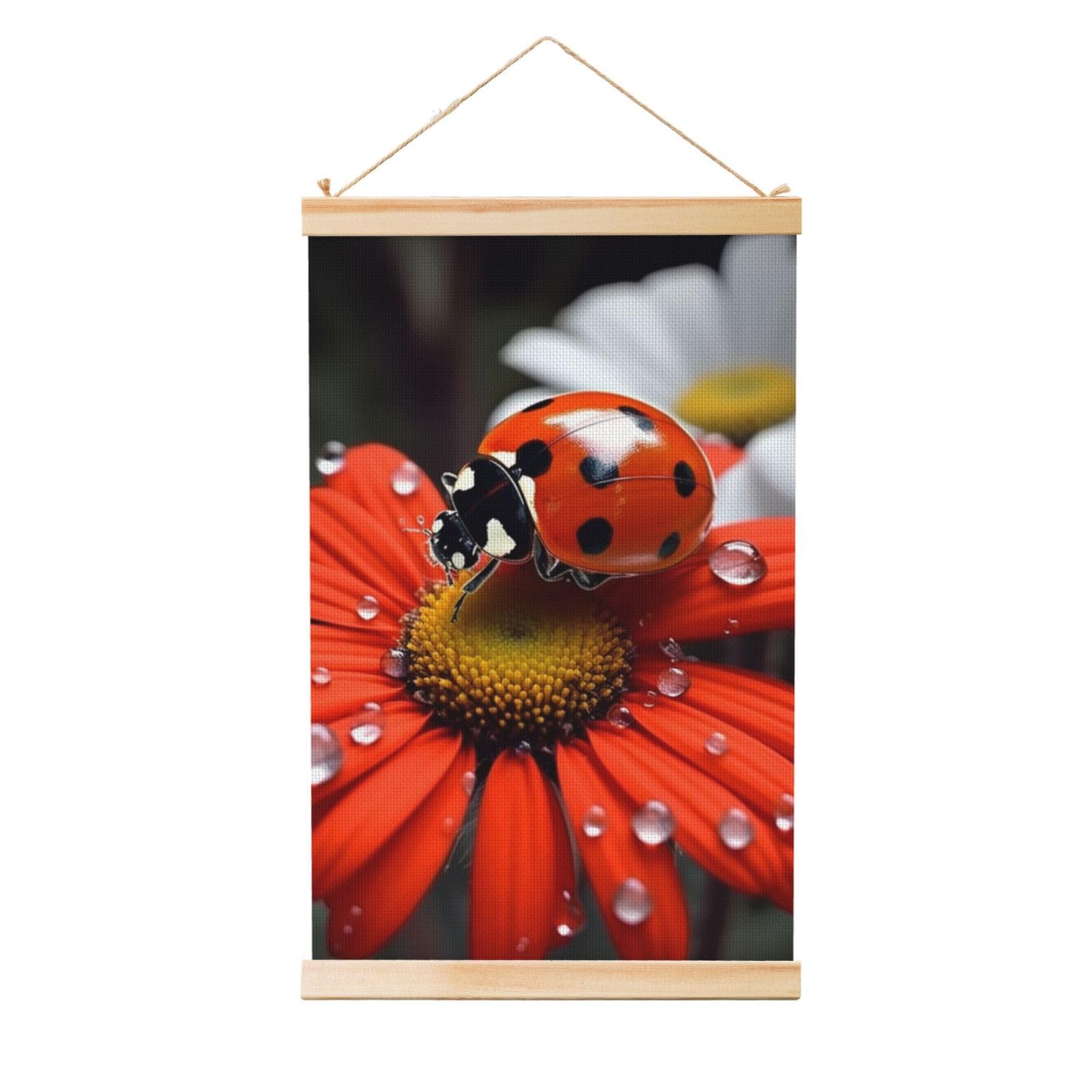 Ladybug Daisy Posters Wooden Shaft Hanging Poster Canvas Prints Scroll Wall Art Painting Vintage Wall Banner Modern Artwork Decor for Home Decor Ready to Hang 16"x24"