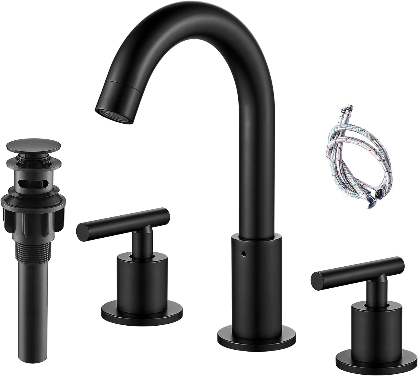 Matte Black Bathroom Faucet 3 Hole, 8 Inch Widespread Bathroom Faucet with Pop Up Drain, 360°Swivel Spout, Two Handles Modern Vanity Basin Brass Faucet Mixer Taps with Supply Lines
