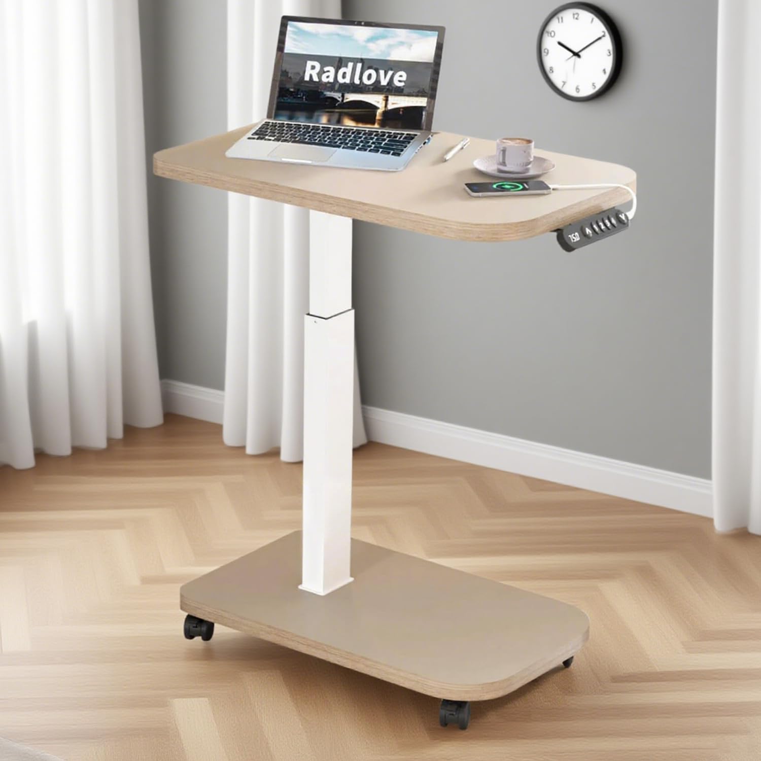Radlove elektrisch höhenverstellbarer Schreibtisch mit USB-C & LED-Anzeige, 71×46 cm Stehpult mit Rollen, mobiler höhenverstellbarer Laptoptisch, Khaki
