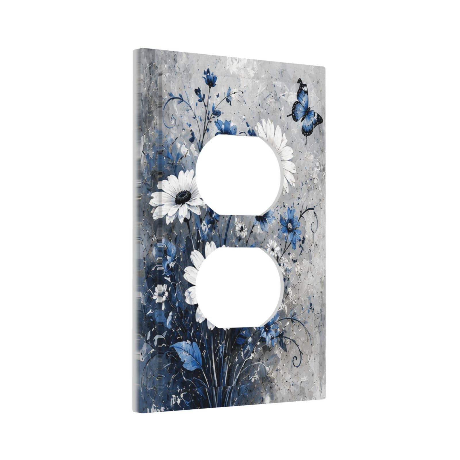 Yamxbfa Vintage Blue White Daisy Floral Blue Butterfly Decorative Outlet Covers 1 Gang Duplex Light Switch Cover Plate Unique Wall Plates For Electrical Switch Plate Covers For Home Decor