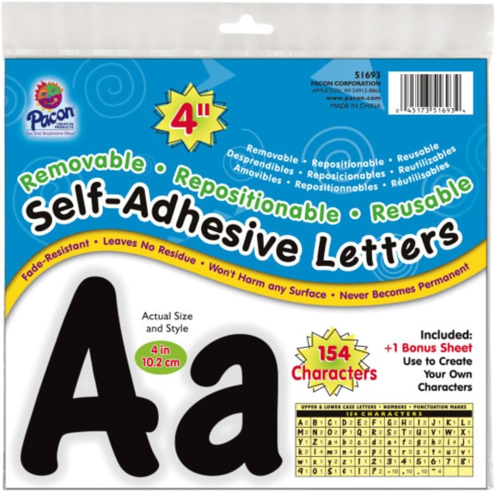 Pacon Reusable Self-Adhesive Vinyl Letters & Numbers Cheery Font 4" White, Pack of 12