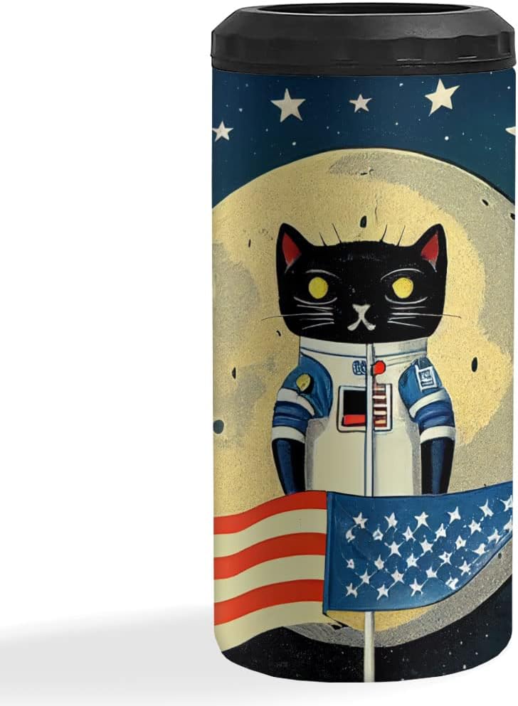 Space Cat Insulated Slim Can Cooler - Flag Can Cooler - Themed Insulated Slim Can Cooler