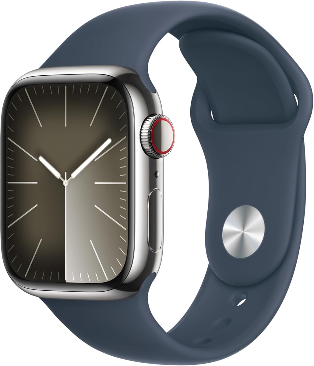 Apple Watch Series 9 [GPS + Cellular, 41mm] - Silver Stainless Steel Case with Storm Blue Sport Band, M/L (Renewed) : Electronics