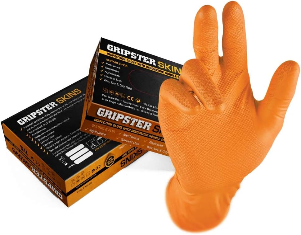 GRIPSTER SKINS Nitrile Black Gripster Fishscale Grip Gloves All Sizes Box Of 50 (nitrile_rubber, 11 (XXL))