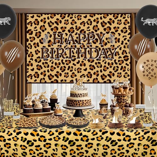 Gepard Geburtstag Dekorationen Leopard Print Party Supplies einschließlich Happy Birthday Backdrop Geschirr Tischdecke Luftballons für Dschungel-Safari Print Party Baby Shower, serviert 20