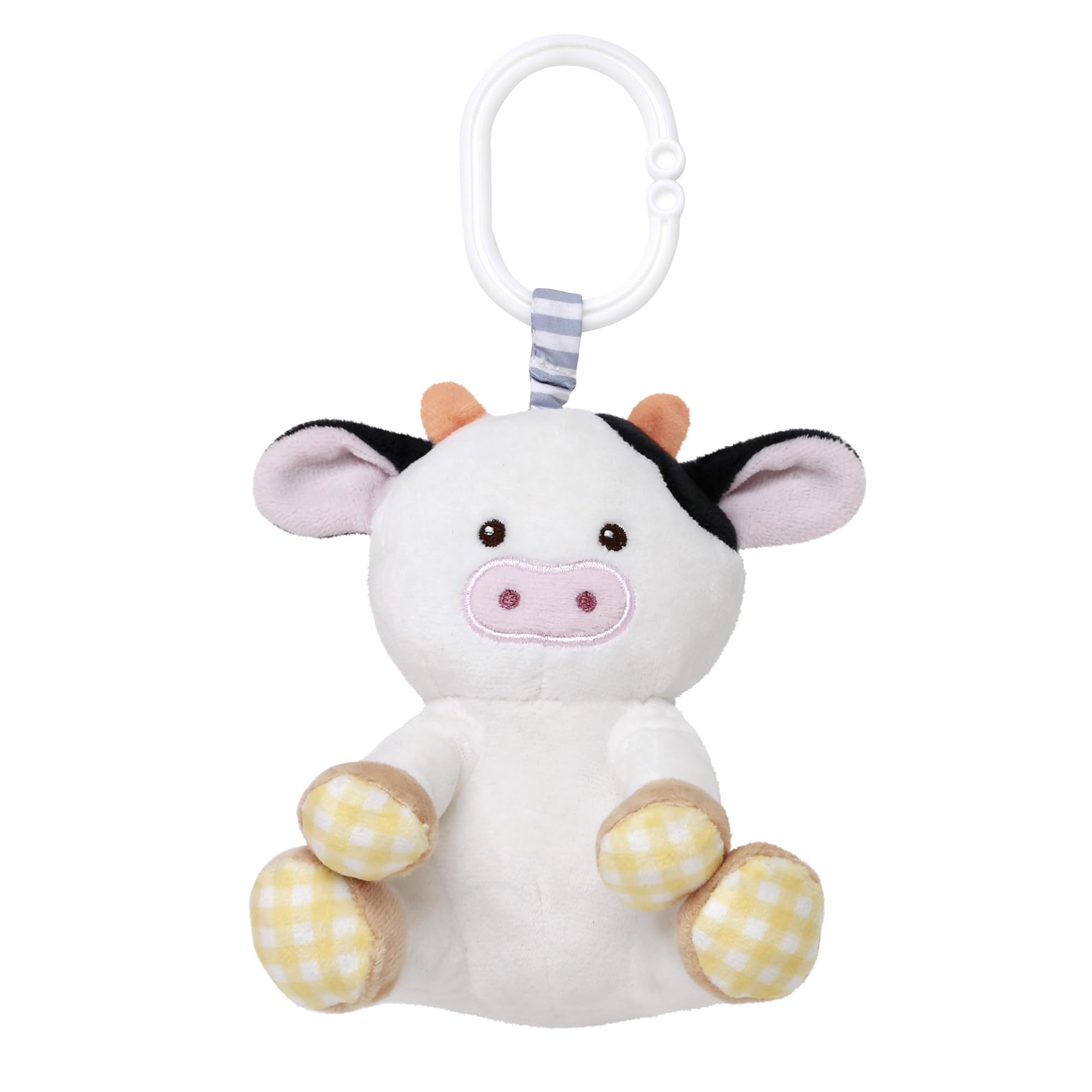 Baby Starters Magic Years Cow Chime Toy with Pull and Jiggle Vibration Feature and Travel Hook, Farm Theme, Black and White, 8 inch with Hook