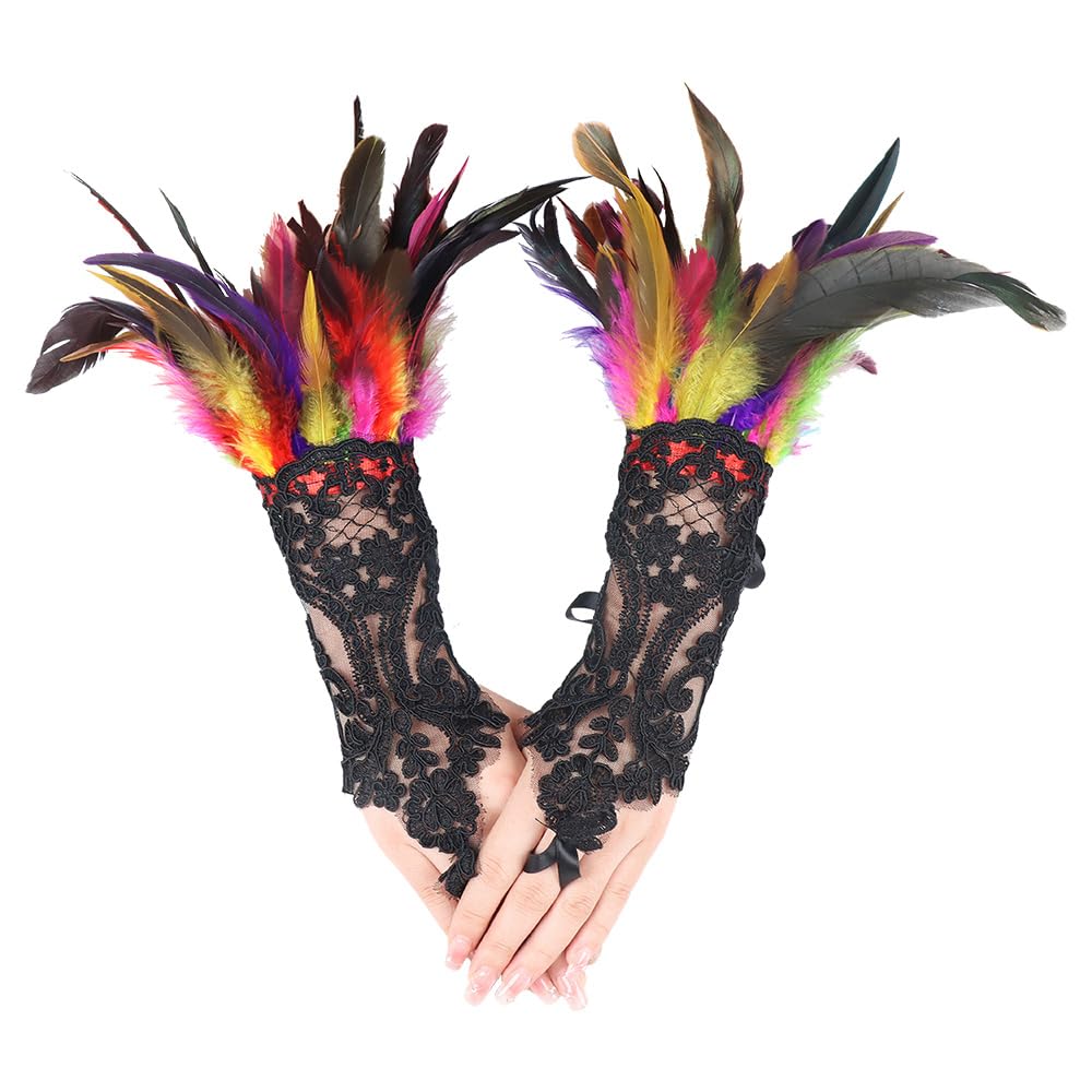 ZSUIQIN 1 Pair Feather Wrist Cuffs,Feather Gloves,Long Lace Fingerless Gloves,Suitable for Bonfire Nights Celebrations