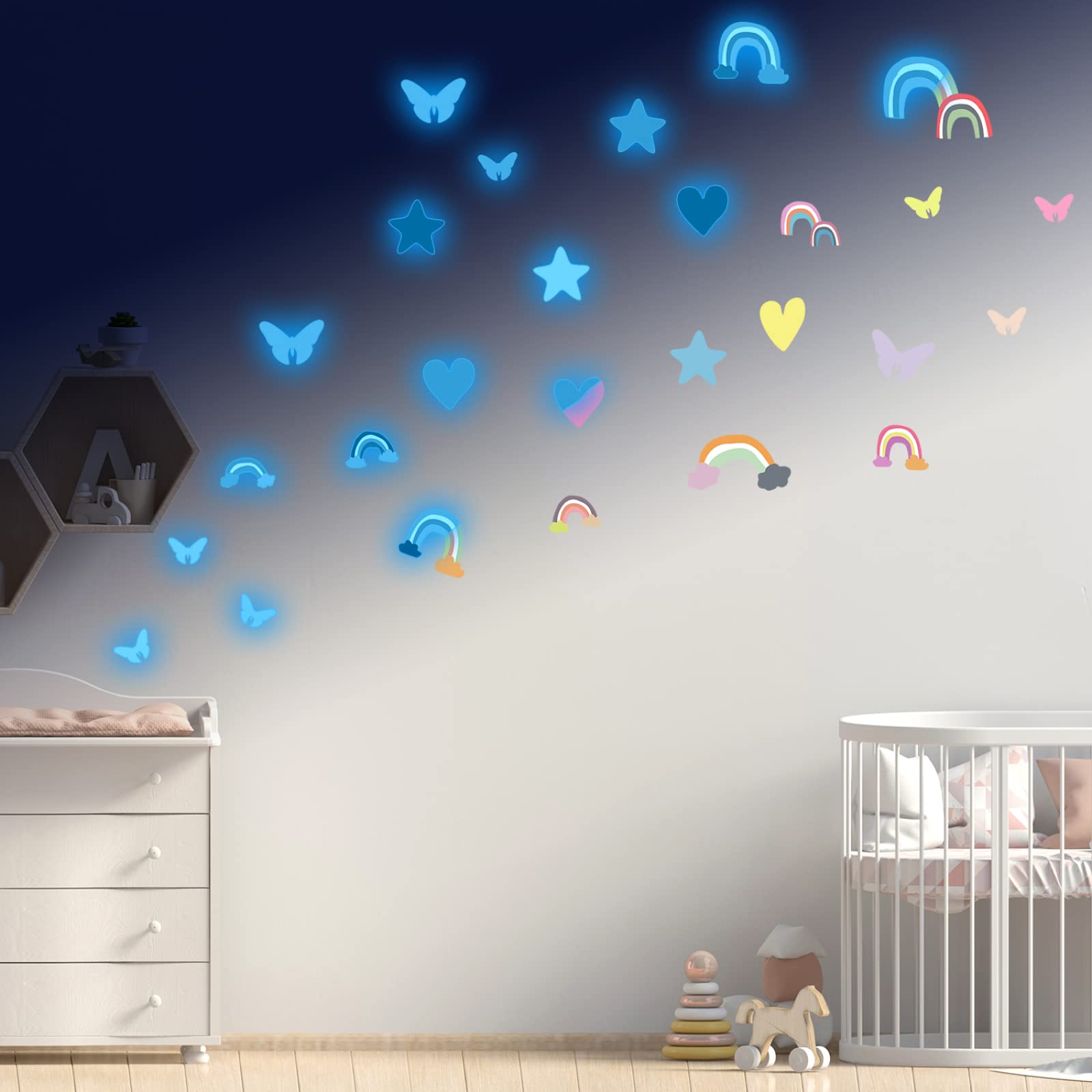 Adesivi Murali Farfalla Arcobaleno Viola Adesivi da Parete Stelle Fluorescenti Adesive Soffitto Adesivi Murali Bambini Stelline Luminose per Cameretta Soggiorno Decorazioni 4 Pezzi