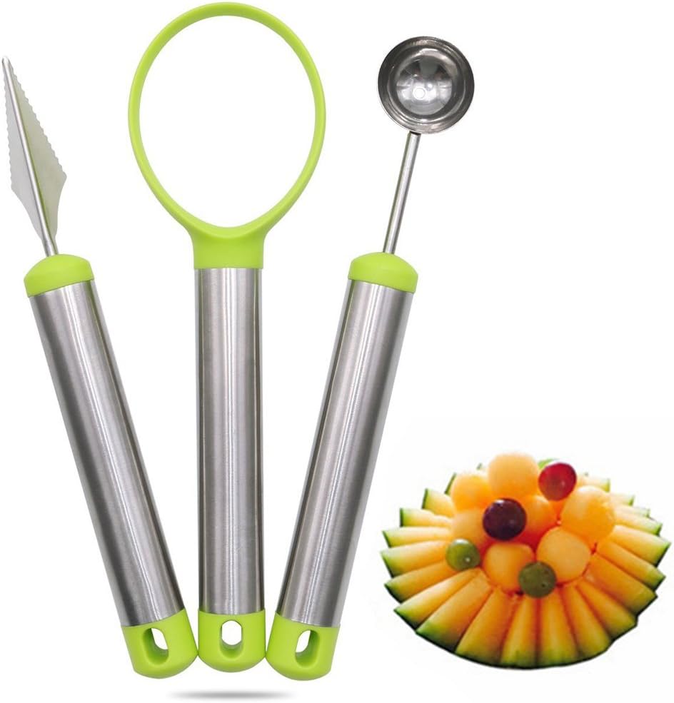 Aseun 3-in-1 Stainless Steel Fruit Carving Knife Melon Baller Scoop Pulp Separator,Multifunction Home Kitchen Tools Stainless Steel Fruit Peeler Cutter Slicer