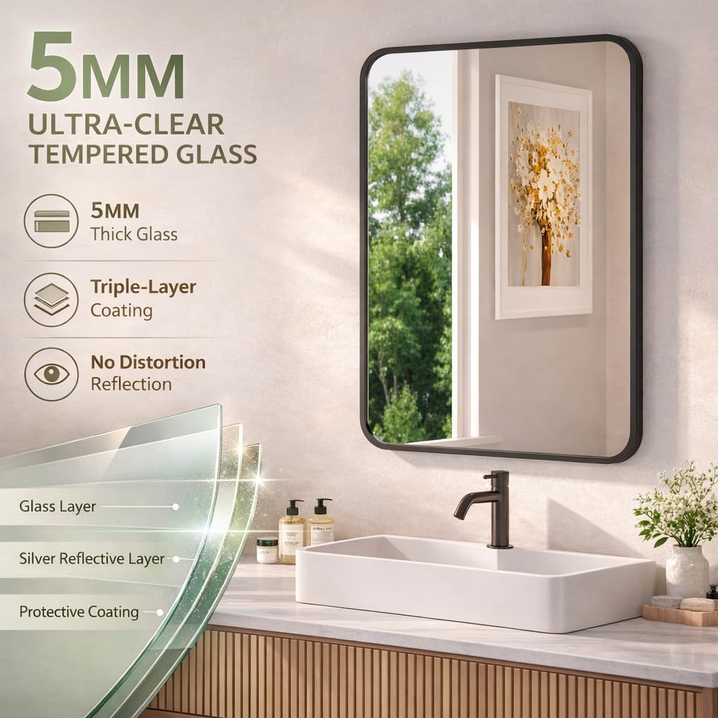 Black Bathroom Mirror for Over Sink - 36 × 24 Rectangle Bathroom Vanity Mirror Wall Mounted with Matte Aluminum Frame & Rounded Corners, Shatterproof Glass, Horizontal/Vertical