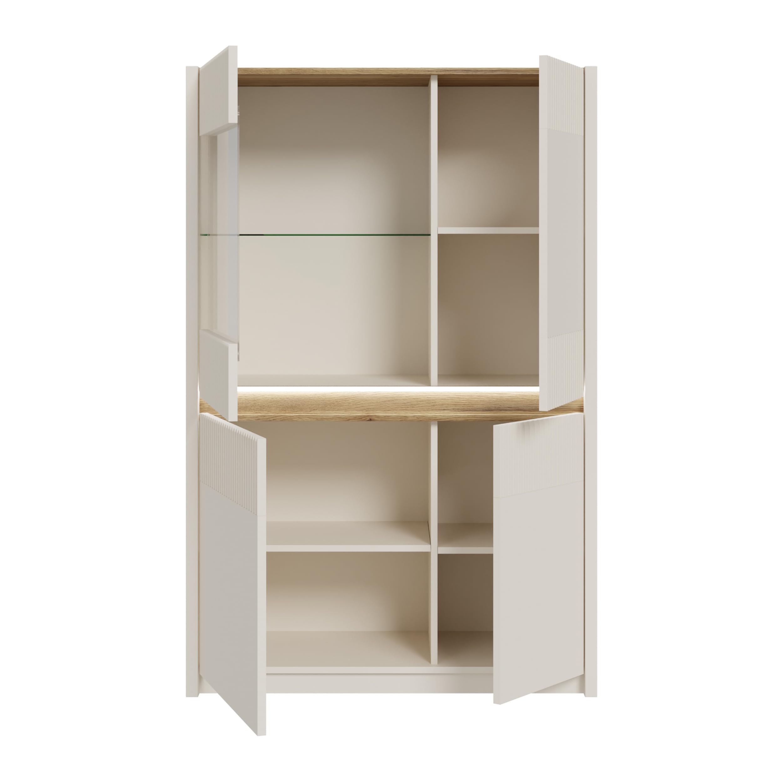 Forte Oak SQUERE Vitrine 90 100, Elegante Wohnzimmervitrine mit 4 Türen und Beleuchtung, Holzwerkstoff, Mauvella Eiche Holzdekor/Sand, 95,3 cm breit x 146,7 cm hoch x 41,5 cm tief