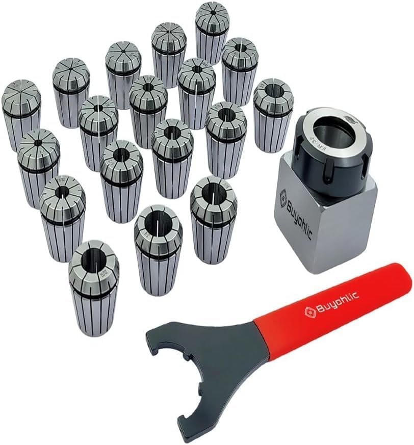 Buyohlic ER32 Collet Chuck Block Adapter With Collets 18 pcs (Range 3/32" -5/32") for CNC Lathe (Square)