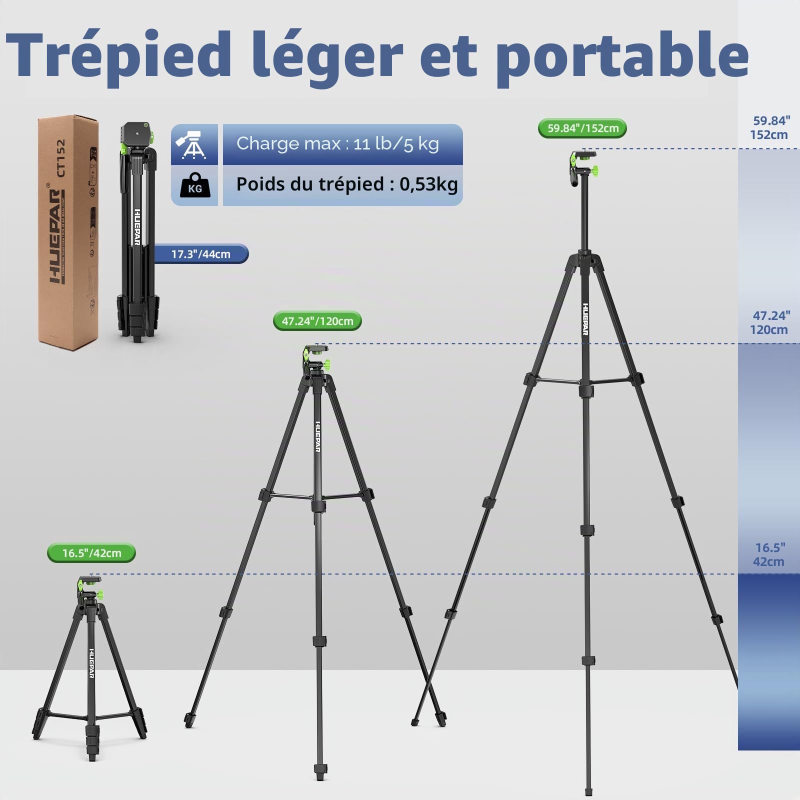 Huepar Trépied Léger 152 cm pour Niveau Laser avec 2 Niveaux à Bulle, Trépied Réglable Portable avec Filetage 1/4", Usage Intérieur pour Outils de Mesure