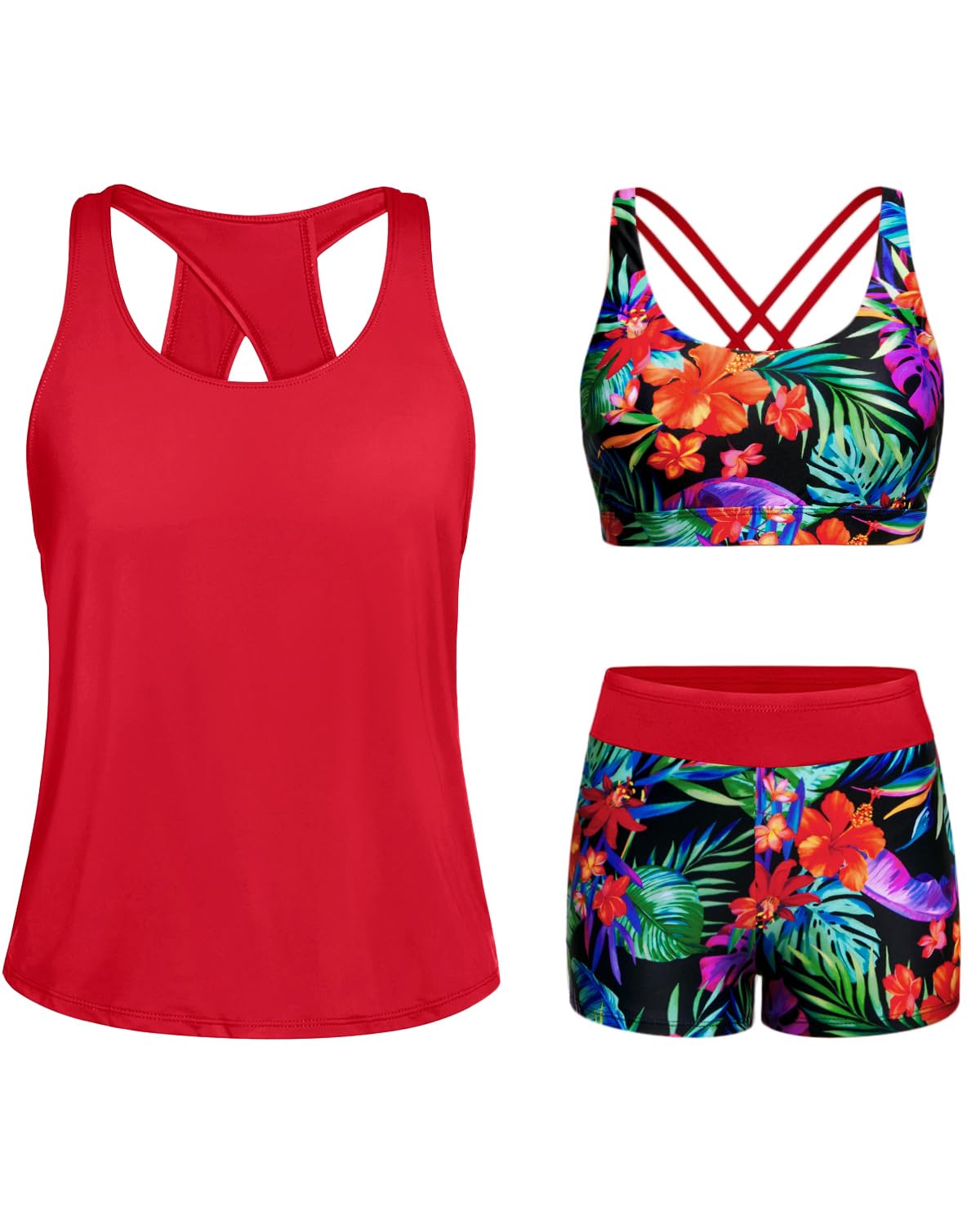 Tempt Me 3 Piece Tankini Swimsuits for Women Athletic Bathing Suits Swim Tank Top with Boy Shorts and Bra Modest Swimwear