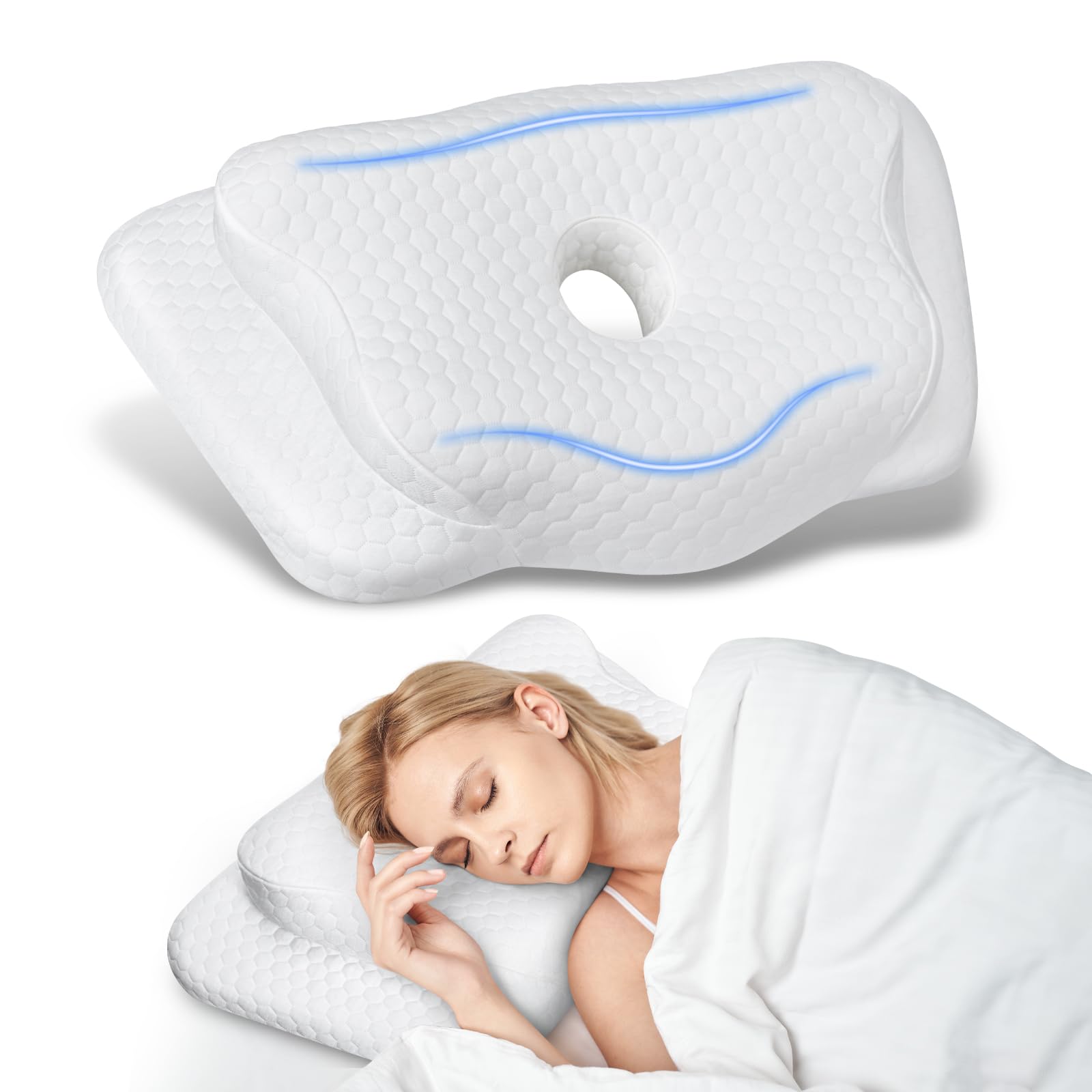 Memory Foam Cervical Neck Pillow Ergonomic Butterfly Shape with Central Airflow Hole Cooling Ventilation Moisture-Wicking Cover Contoured Support