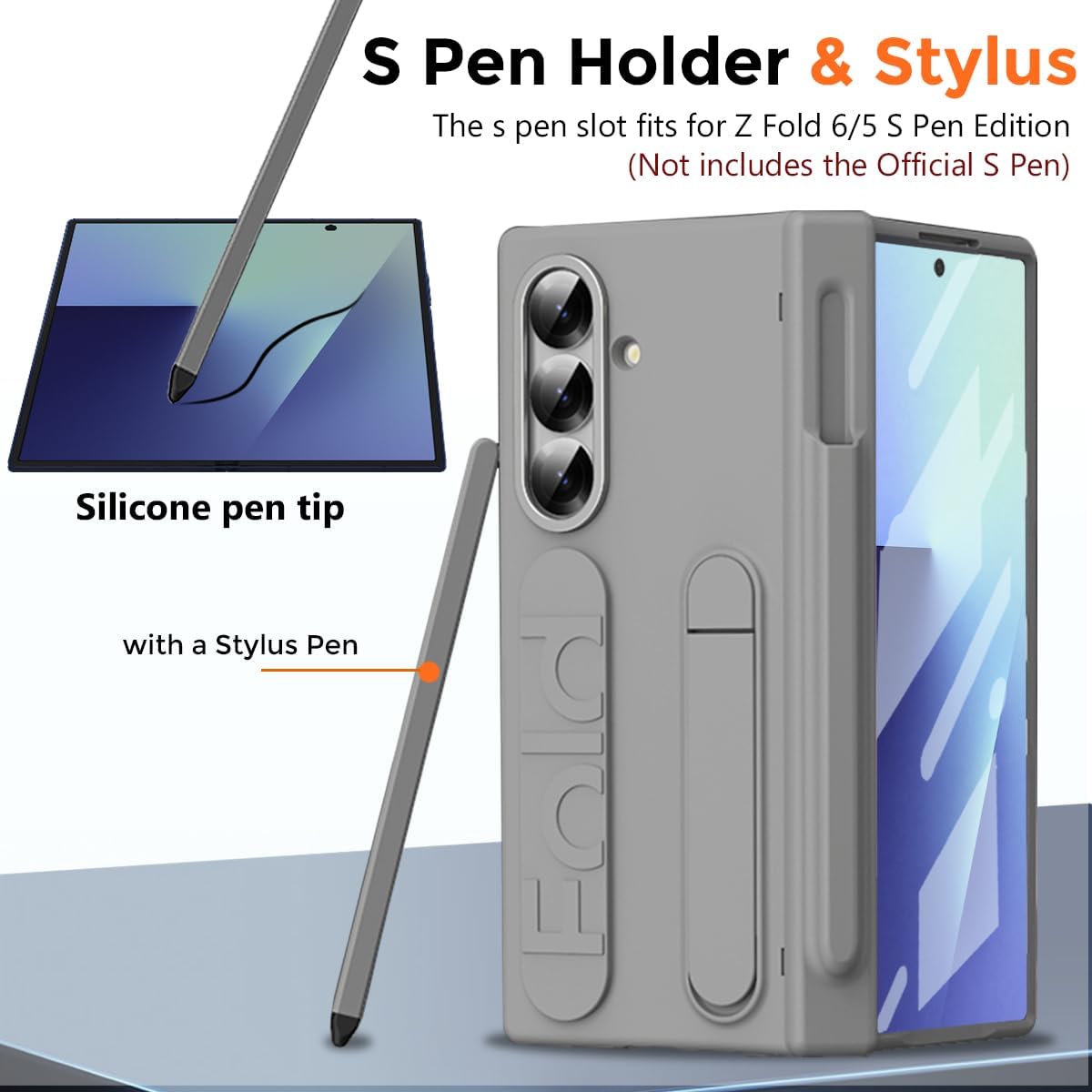 Finger Strap for Samsung Galaxy Z Fold 7 Case with S Pen Holder & Stylus, [with Card Slot] Full Coverage Screen Protector Hinge Protection Kickstand Wristband Phone Case for Z Fold 7 Grey