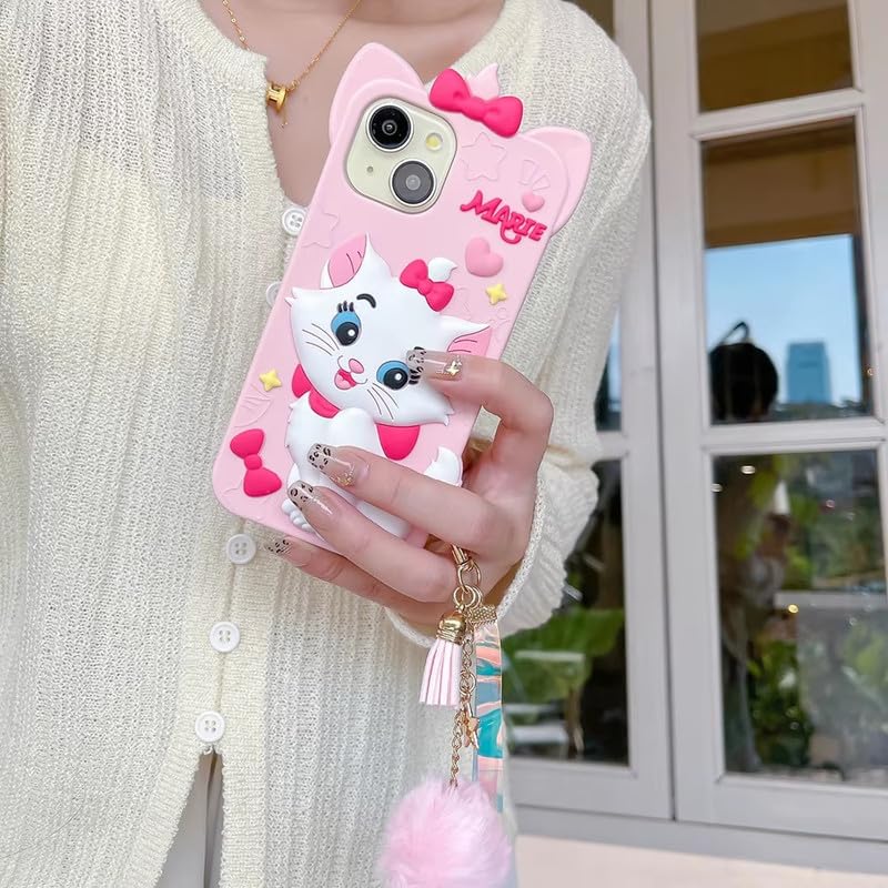 Image of COVERLY for Apple iPhone 12 Pro 3D Marie Kitty Bow Cartoon Case,Premium Silicone Case with Charm Hair Ball Furr Pendant Adorable Cat Cool Full Protective Cute Kawaii Aesthetic Cover,Pink