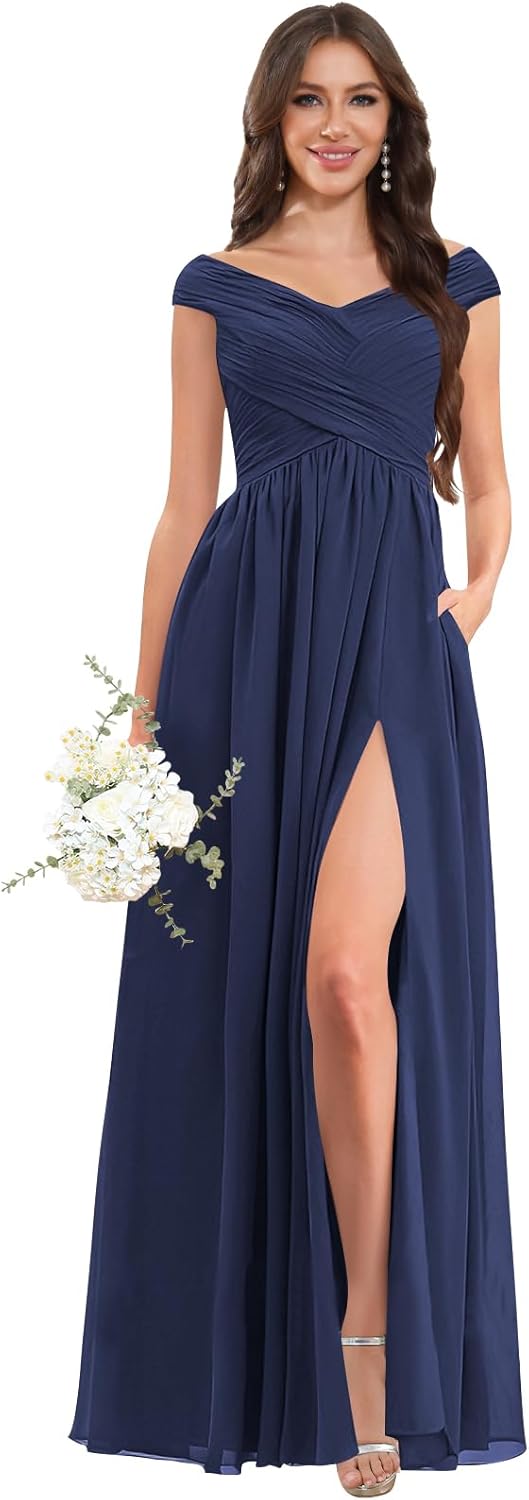 Off The Shoulder Bridesmaid Dresses Long Chiffon Ruched A-Line Formal Gown with Pockets