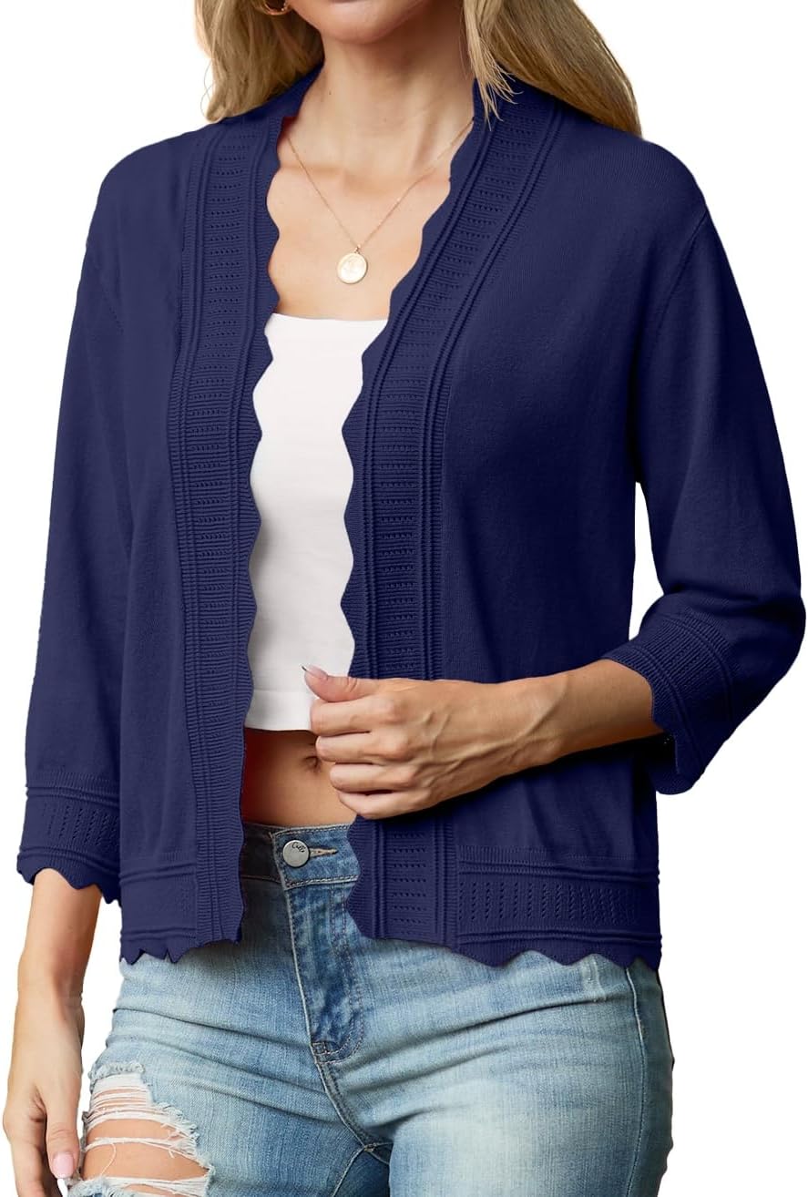 GRECERELLE Women Lightweight Summer Cardigan 3/4 Sleeve Open Front Scalloped Trim Knit Sweater Soft Cropped Bolero Shrug - Image 3