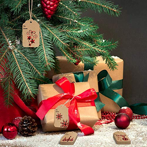 LOKIPA 120 Pieces Christmas Kraft Paper Gift Tags Hang Labels with Red and Black Plaid Snowflake Christmas Tree Elk Patterns and 230 Feet Twine Rope for Christmas - Thumbnail 6