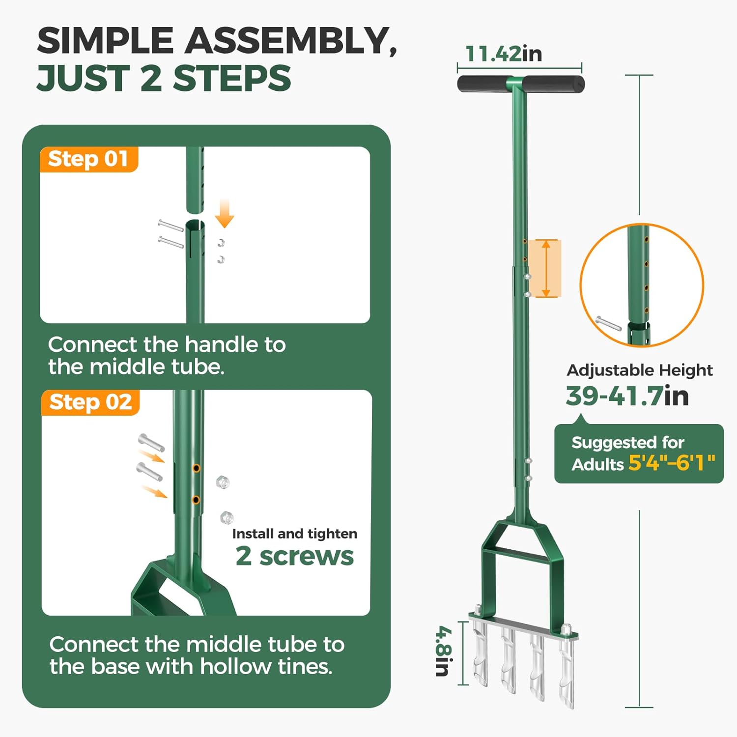 Suntee Lawn Aerator Tool, Manual Core Aerator Lawn Tool with 4 Stainless Steel Hollow Tines, Adjustable Height Semi-Assembled Heavy Duty Steel Grass Aeration for Lawn Care, Green