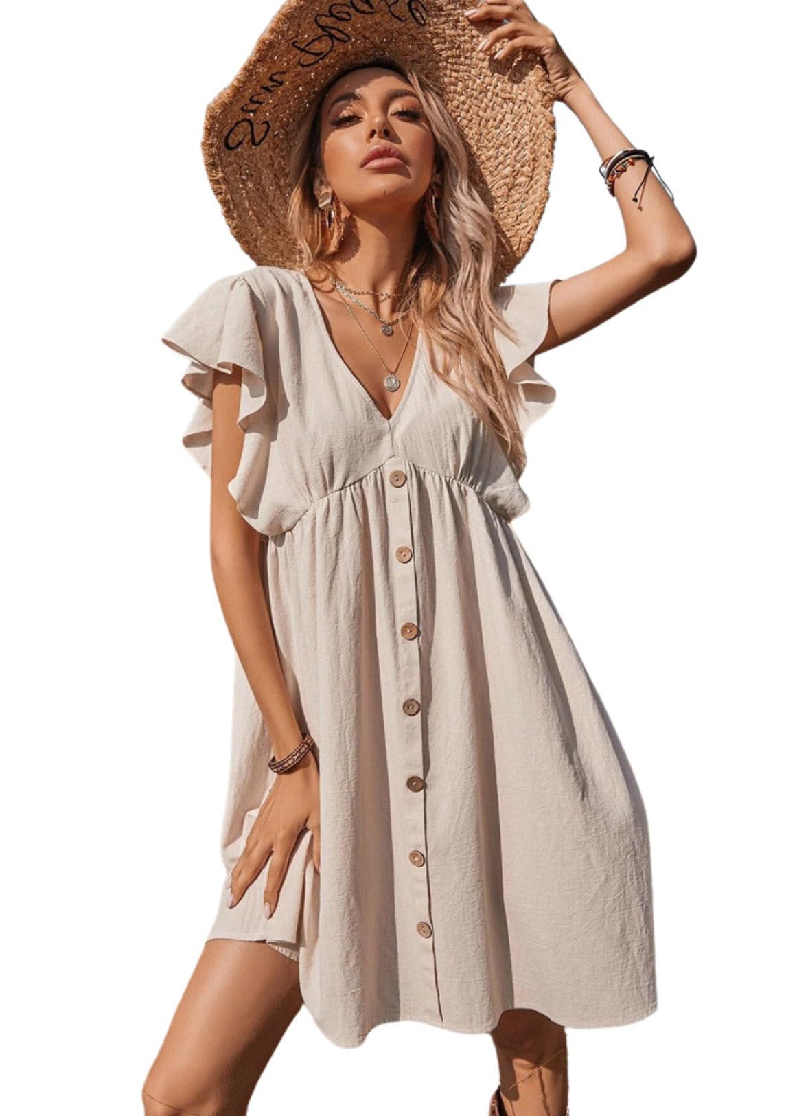 utcoco Womens 2025 Summer Beach Mini Dress Ruffle Short Sleeve V Neck Flowy A Line Dress