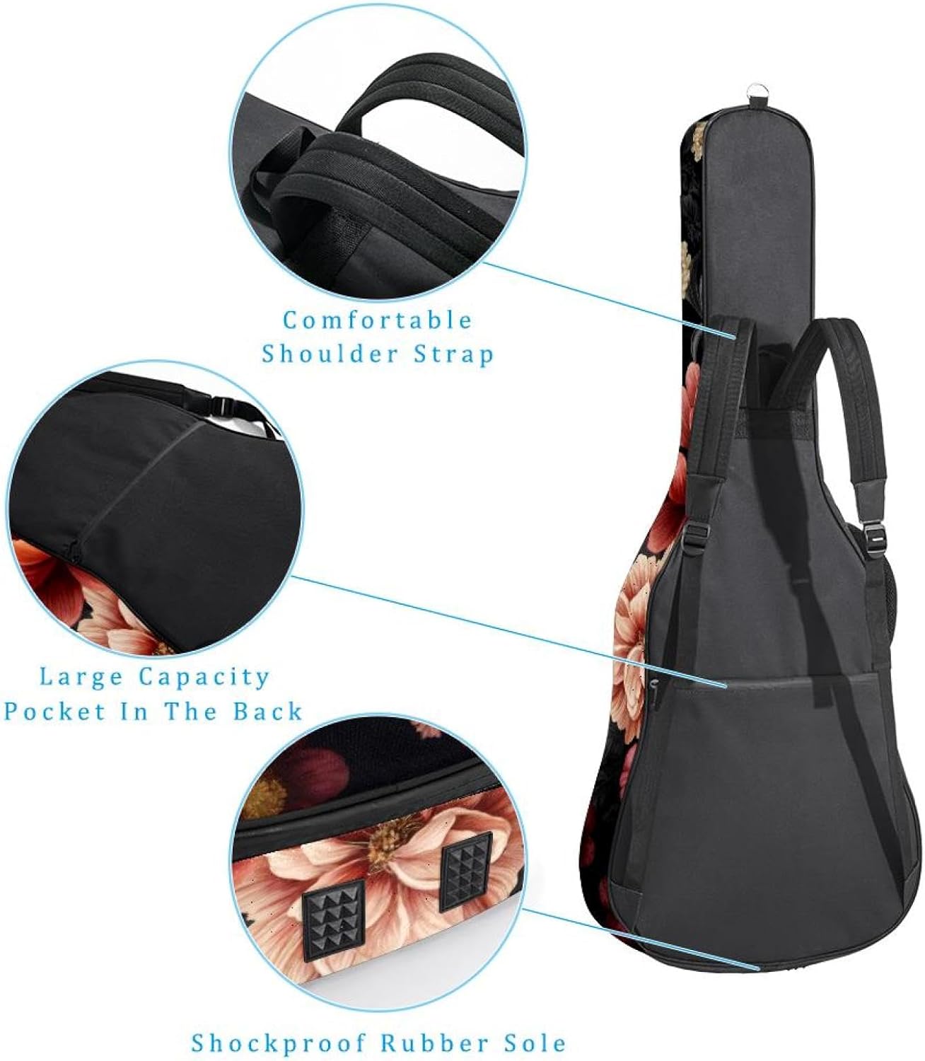 Black Floral Penoy Flowers Acoustic Guitar Gig Bag, 1 cm Thick Padding Waterproof Guitar Bag Backpack for 40 41 42 Inch Electric Bass Classical Guitars