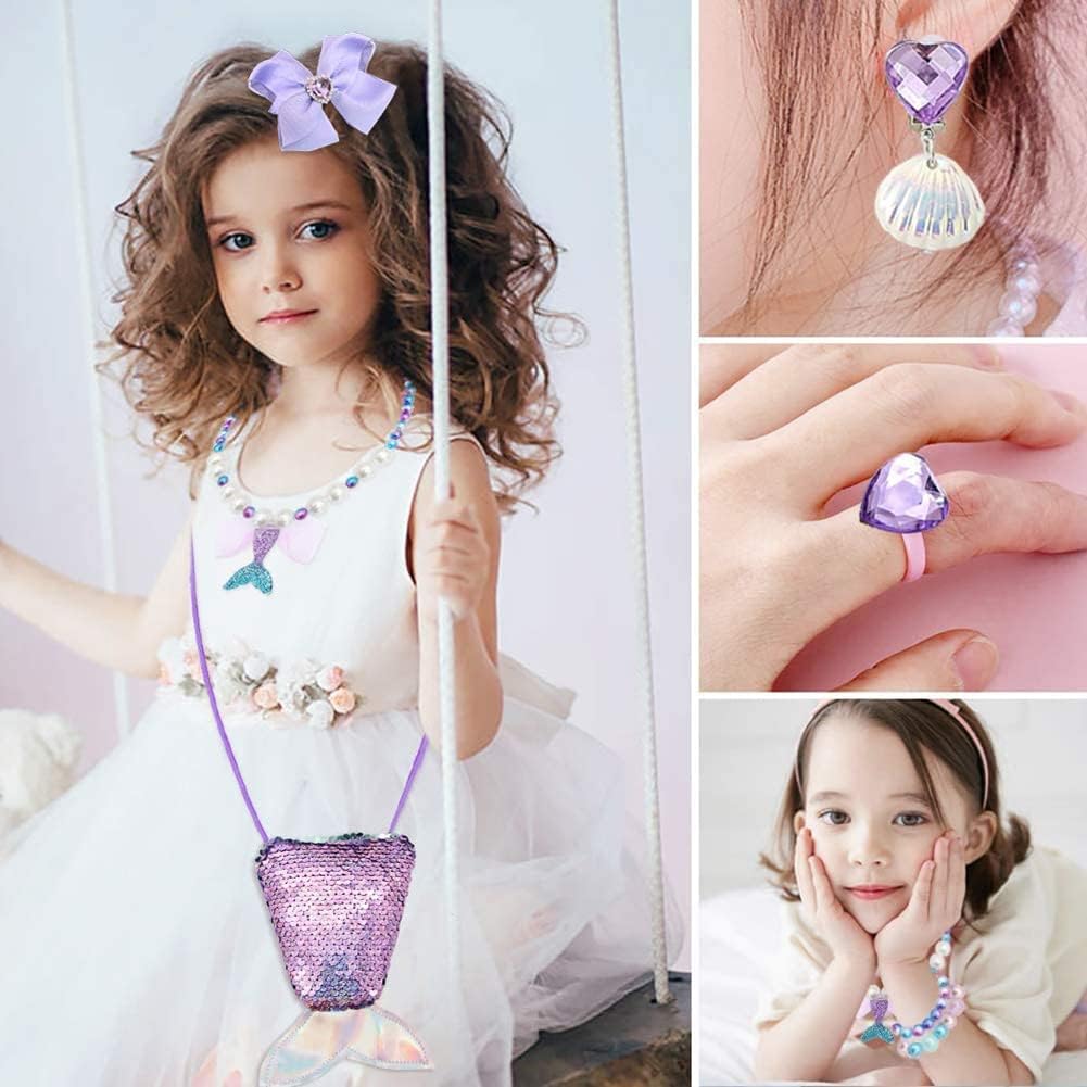 Princess Mermaid Costume Dress up Accessories for Girls Mermaid Gloves Tiara Crown Necklace Wand Earrings Bracelet Ring Princess Halloween Cosplay Accessories Christmas Gifts Set (Purple Mermaid) image 5