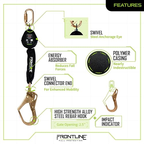Miniatura 4 de Frontline Fall Protection RPW061R - SRL de una sola pierna de 6 pies con extremo de gancho de barra de acero  SRL cumple con OSHA y ANSI