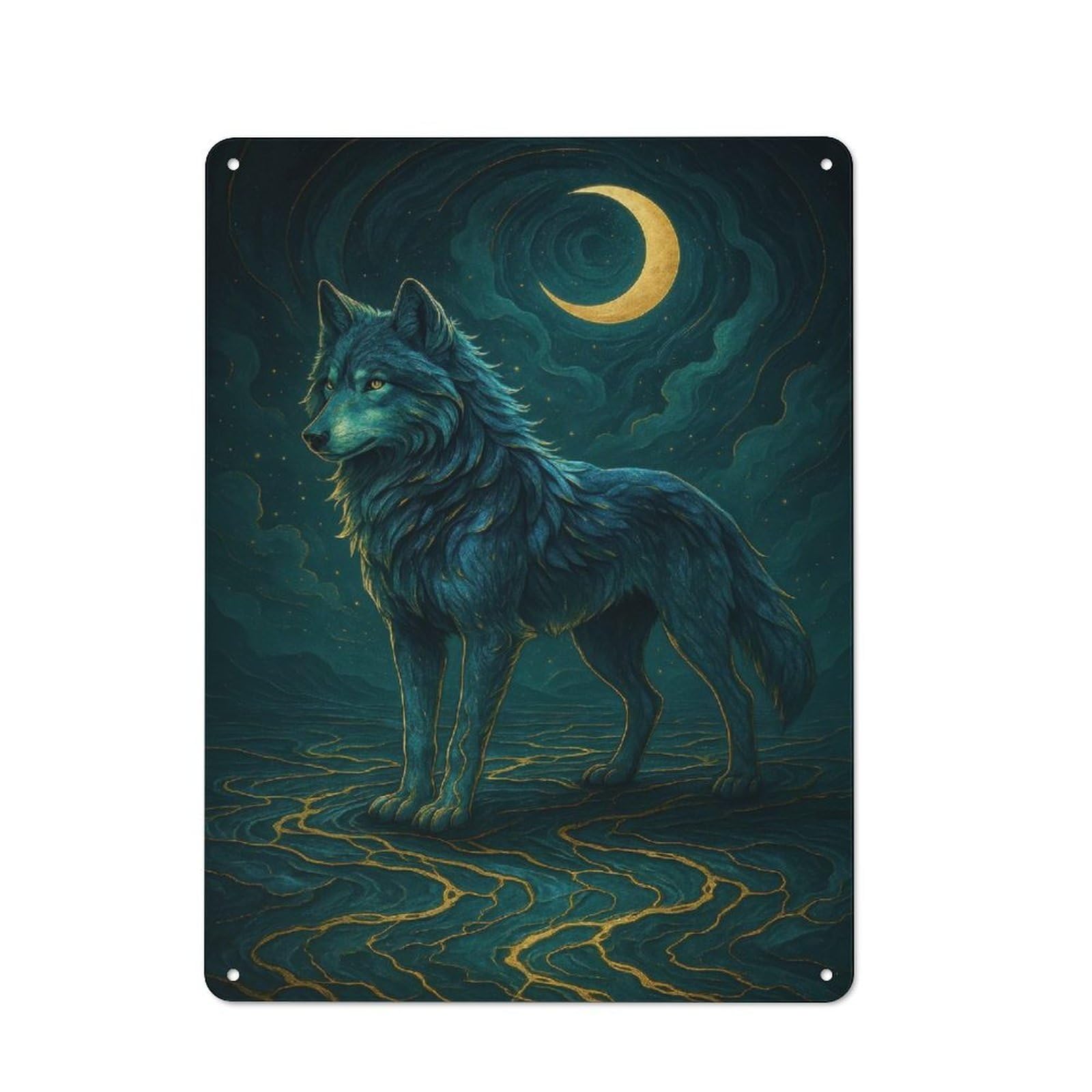 Junmoney Blue Wolf Under Crescent Moon Rustic Metal Sign 40X30cm For Living Room Wall, With Clear Rustic Wall Decor Character