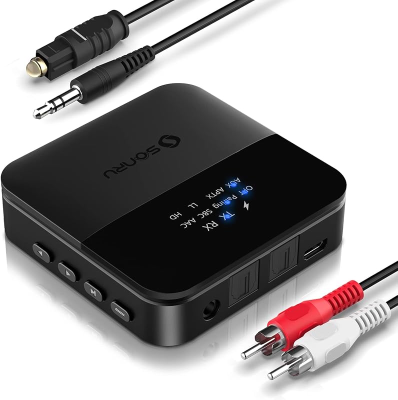 SONRU Bluetooth Audio Adapter - Fekete Vezeték Nélküli Hangátalakító Optikai, 3.5mm AUX és RCA Csatlakozással, Beépített Akkumulátorral