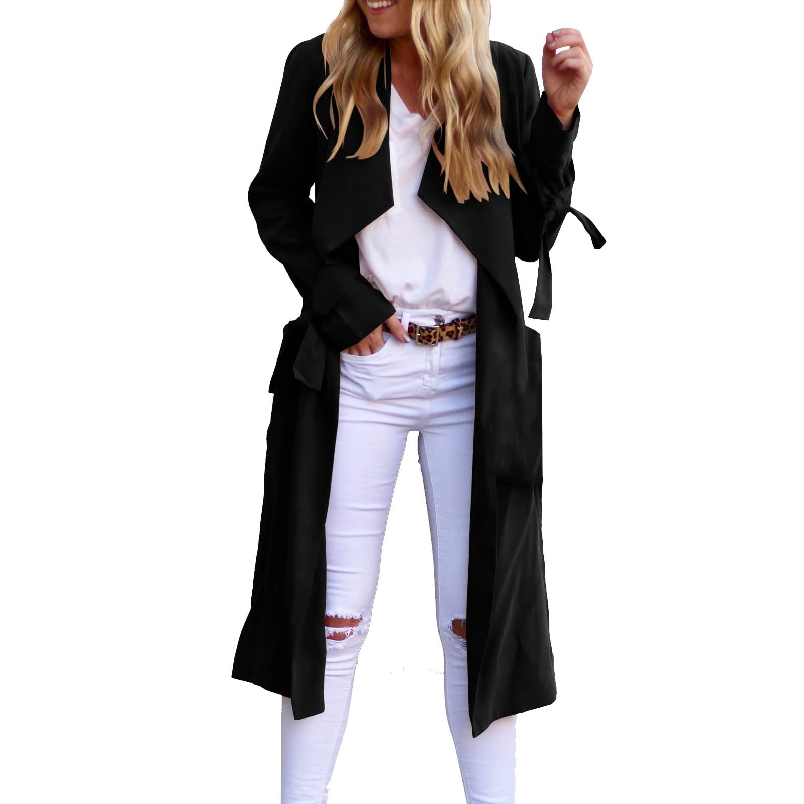 Trench long pour femme imperméable veste de mi-saison chic avec ceinture