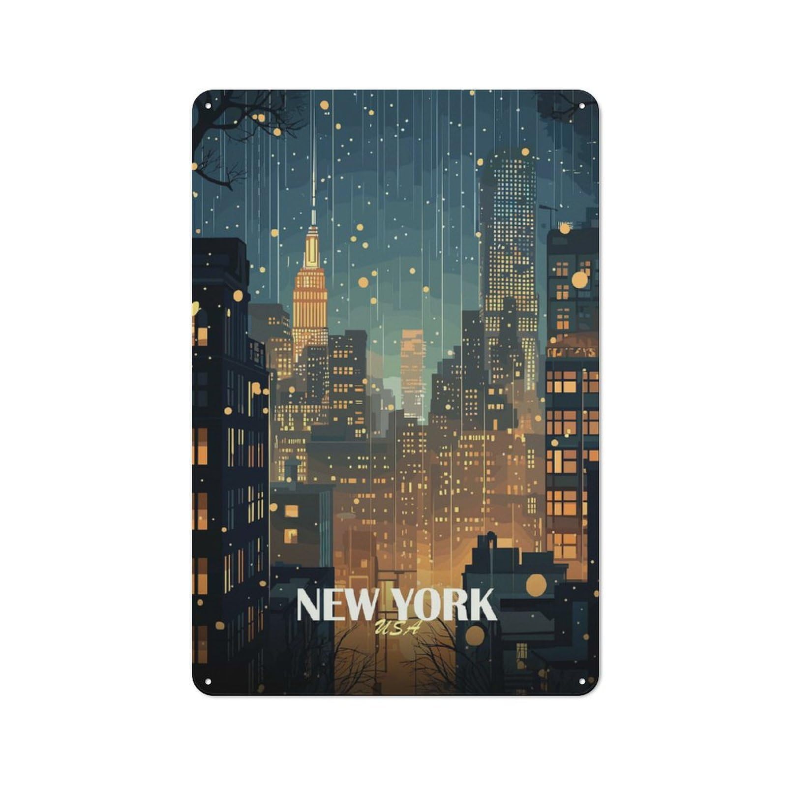 Junmoney Style-17 Metal Wall Sign 30X20cm Featuring New York Cityscape At Night For Café Or Home Bar, A Decorative Gift For A Newly Furnished Café And Home Bar
