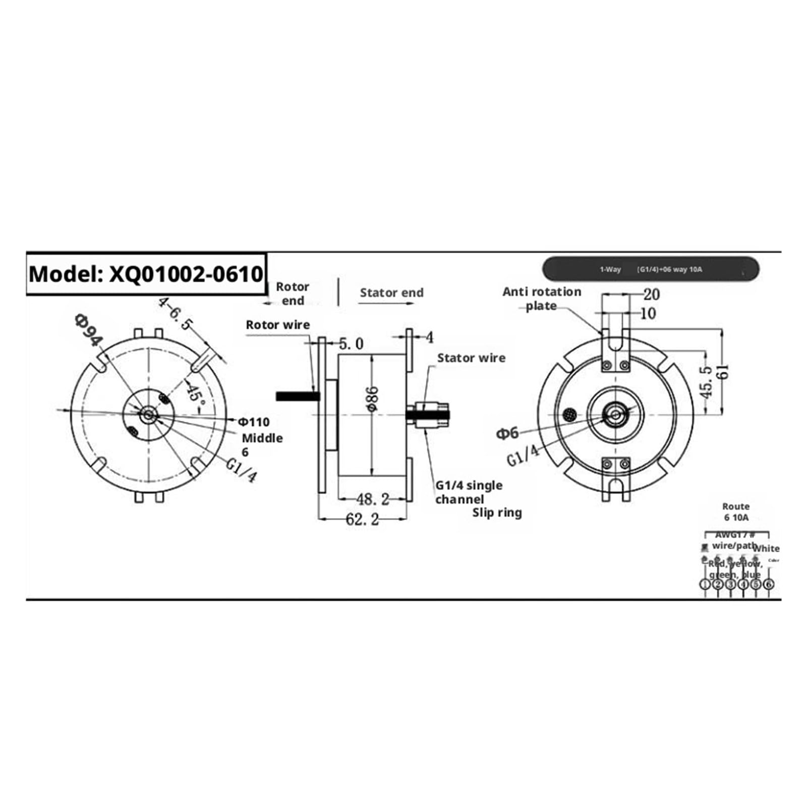 Junta rotativa 1/8" 1/4" 3/8" Una entrada Una salida más 6 canales 10A Anillo colector neumático y junta rotativa(3/8")