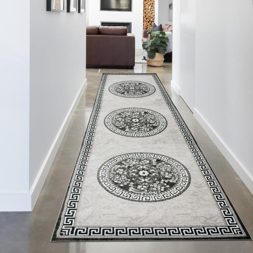 CARPETIA Teppich BRÜCKENLÄUFER mit Bordüre & Glitzergarn | Oeko-TEX | Creme grau 80 x 300 cm