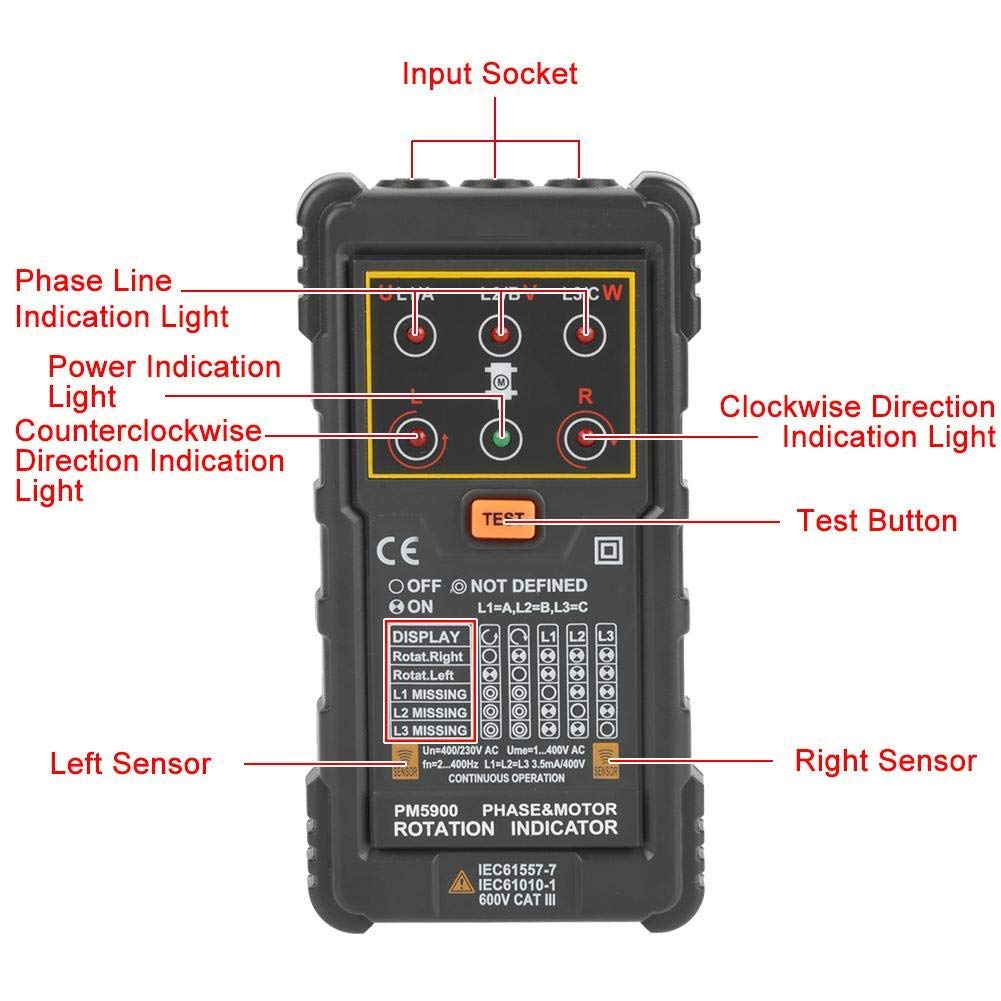 PEAKMETER PM5900 Motor 3 Fase Motor Rotación Indicador Tester Portátil Handheld Tester Herramienta necesaria para instalar, reparar o mantener 3 Fase o Motor