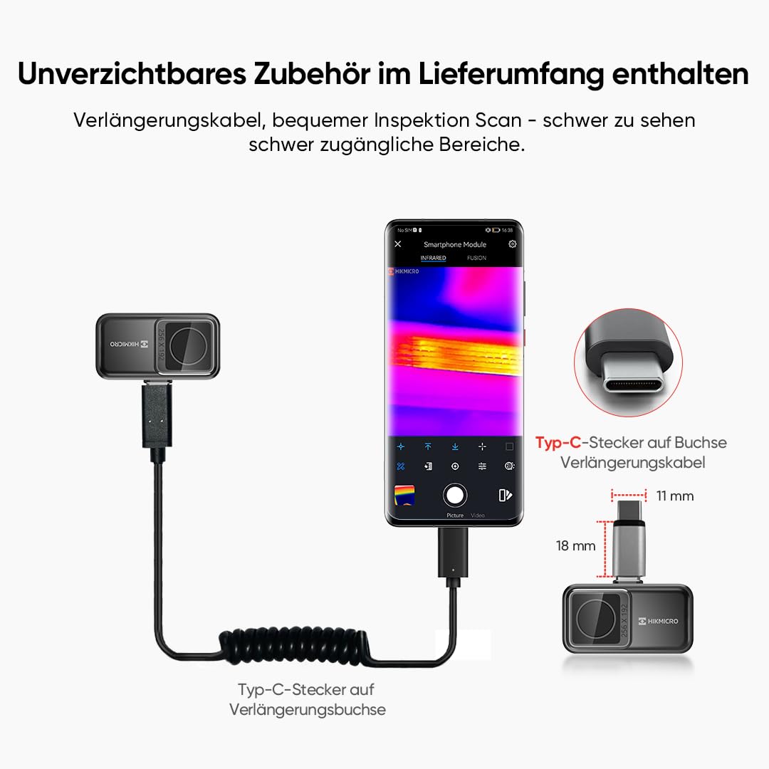 HIKMICRO Mini2 Wärmebildkamera Android, 256 x 192 IR-Auflösung, Wärmebildkamera 25 Hz Bildfrequenz, 50° Weitwinkel, Infrarotkamera 49.152 Pixel, -20°C bis 350°C, USB-C (nicht IOS kompatibel)
