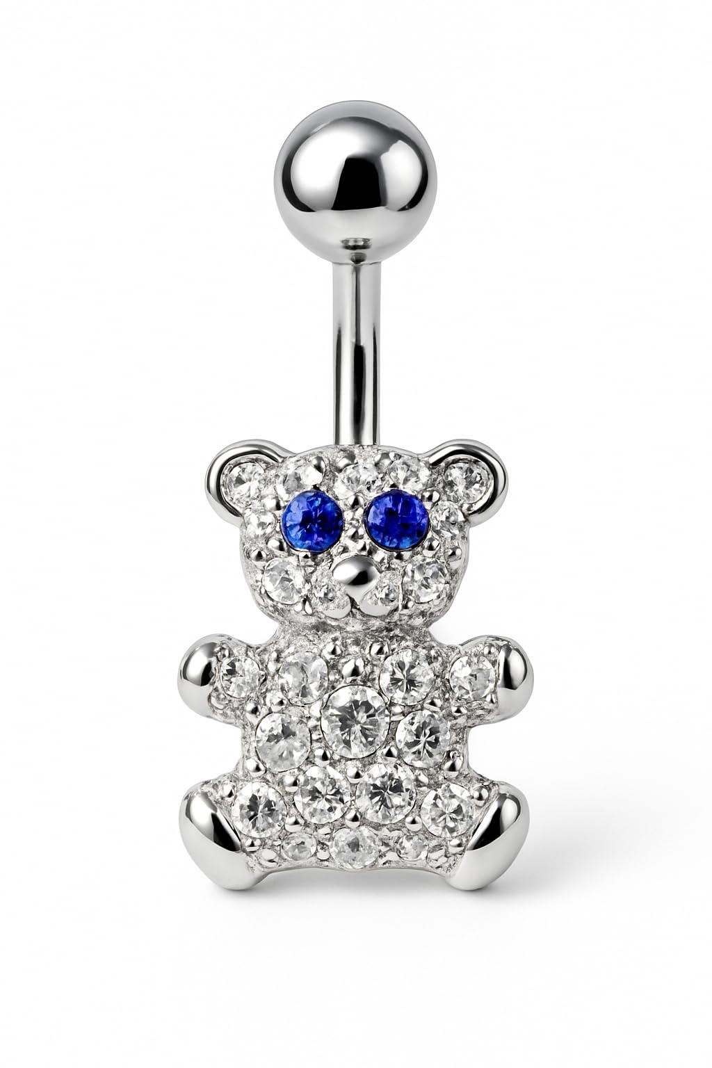 Piercing para el ombligo, plata de ley 925 y circonita, cristal quirúrgico 316L, acero inoxidable tipo bananabell, piercing para el ombligo, 1,6 x 10 mm, oso de peluche azul