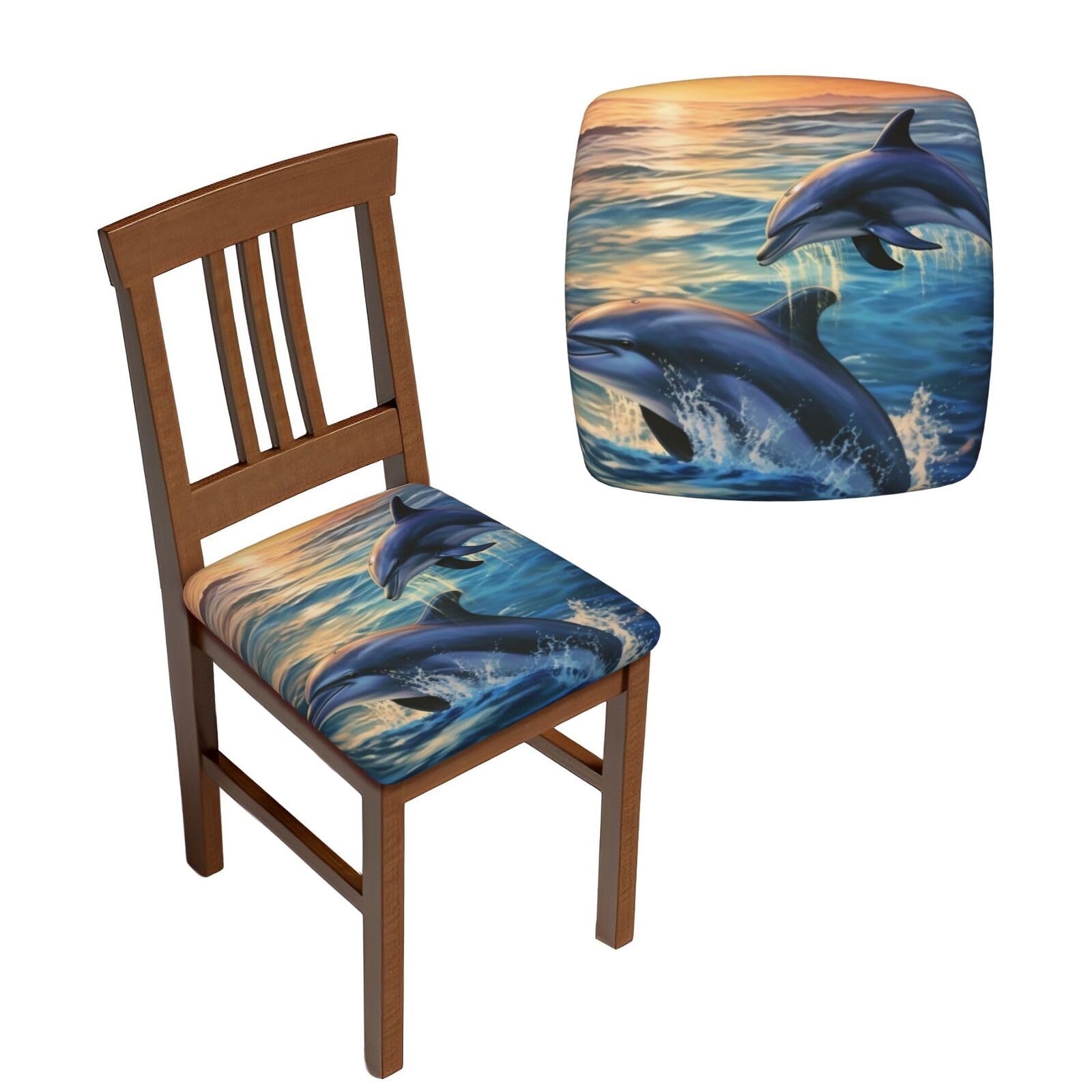 FodPand 4PCS Dining Chair Covers for Dining Room Dolphins in The sea Chair Seat Cover Stretch Parsons Chair Slipcover Removable Washable Seat Cushion Slipcovers Cover for Kitchen Office