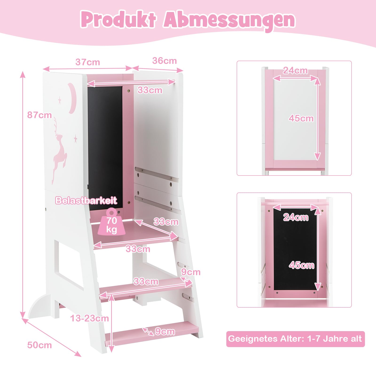 DREAMADE 2-in-1 Lernturm mit Tafel, Höhenverstellbarer Tritthocker aus Holz, Kinder Kreidetafel mit 3 Bunten Marker, Kinderlernturm ab 1 Jahr, belastbar bis 70kg (Weiß + Pink)