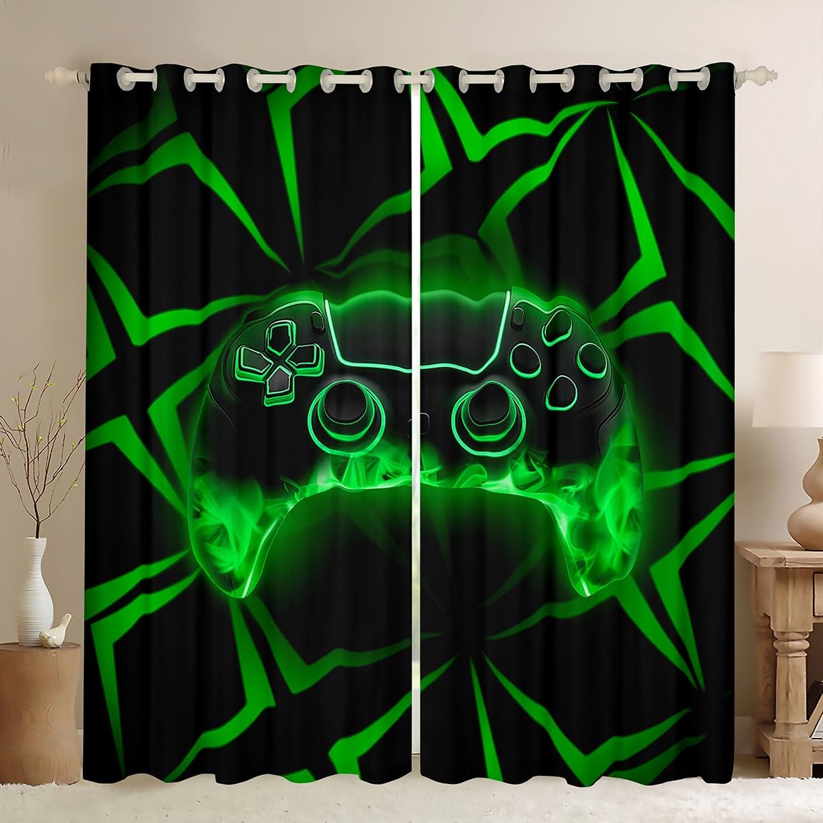 Manfei Gaming Kids Blackout Curtain Green Geometry Gamepad Window Drapes for Boys Girls Room Decor, Video Games Console Window Treatments, Grommet Top 2 Panel Set Bedroom Curtains, 66Wx90L inch โ image 1