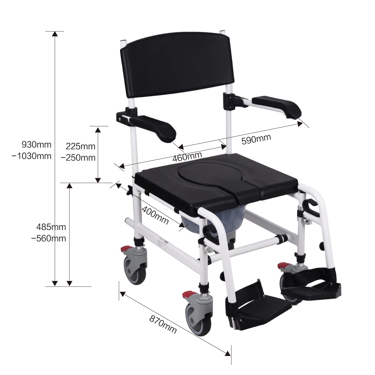 Akriva fahrbarer Toilettenstuhl mit verstellbarer Sitzhöhe aus Aluminium mit gepolsterter Sitzfläche und Eimer - Toilettenrollstuhl - Zimmerrollstuhl - WC-Rollstuhl
