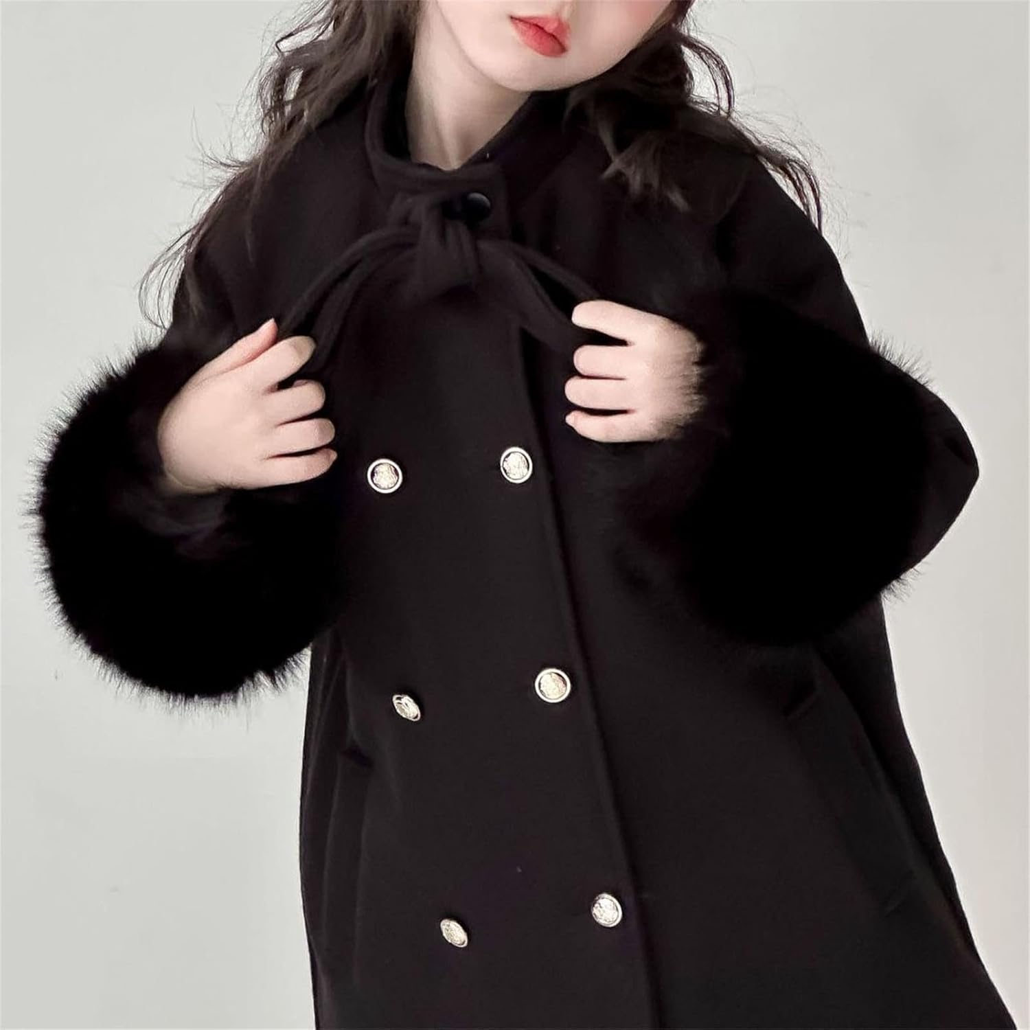 Girls Trench Coat Double Breasted Wool Dress Coat Furry Trim Winter Warm Windbreaker Overcoat with Pockets