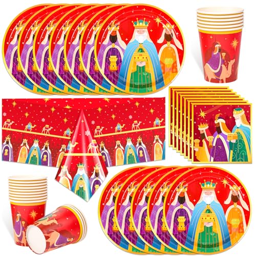 HOWAF Decoracion Navidad Reyes Magos, Vajilla Navidad Reyes Magos, Mantel de Reyes Magos Mantel de Navidad, Plato Llano, Servilleta Papel, Vaso Cartón para Navidad Reyes Magos Decoracion Mesa Navidad