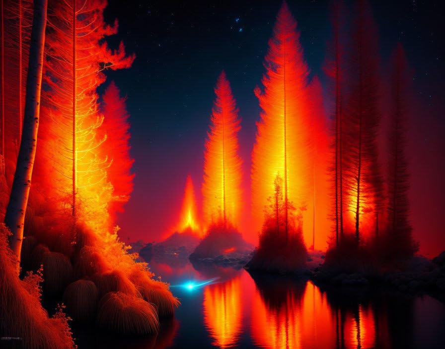 Poster toile forêt feu bord de l'eau 58x90 cm SERENDIPITP sans cadre pour déco