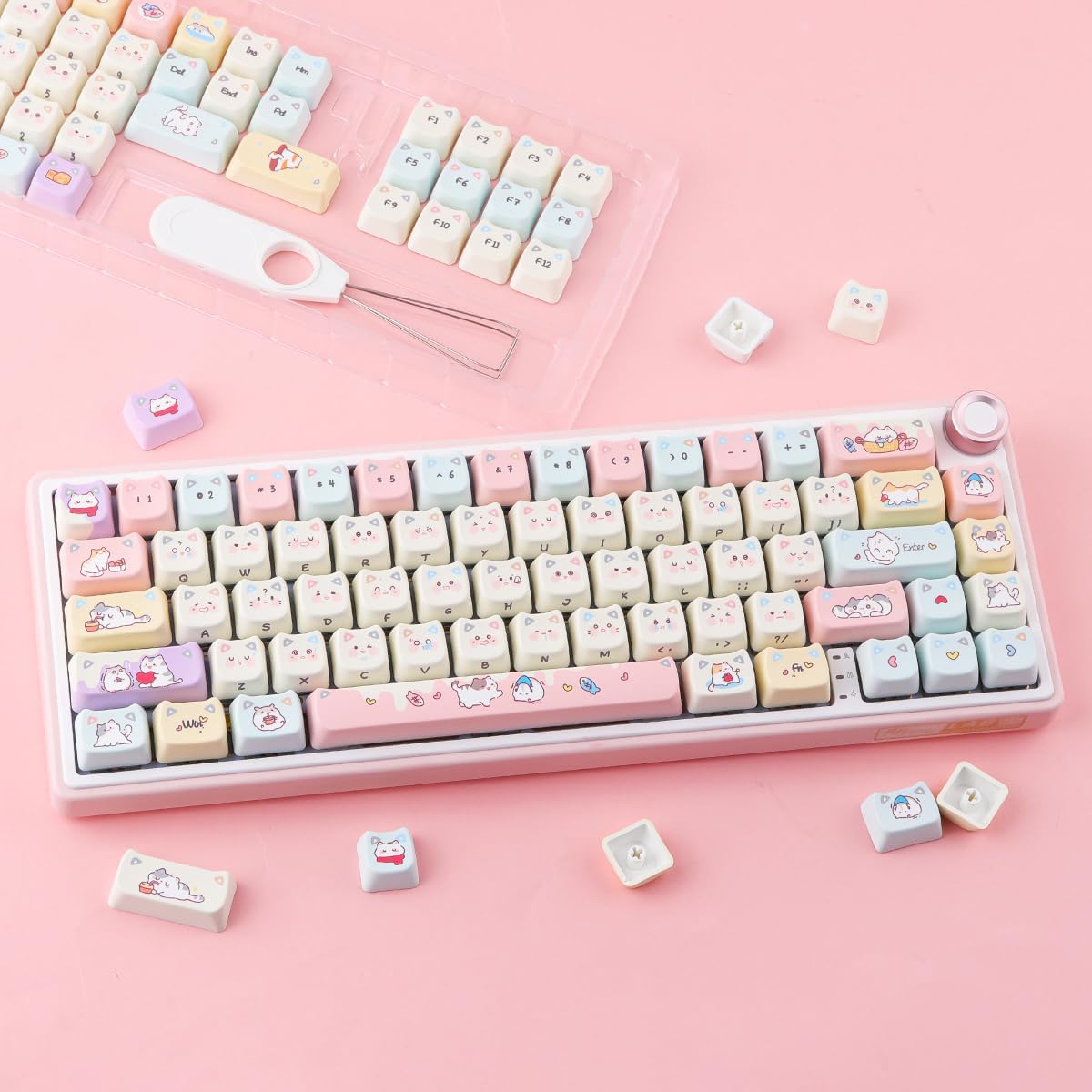 Tsungup PBT Keycaps Mao Profile-Pink Cream Keycap,127 Keys Cute Hiding Cat Theme Custom Key Caps Keyboard Keycaps, Dye Sub Keycap Set for 60%,65%,75%,100% Mechanical Keyboard