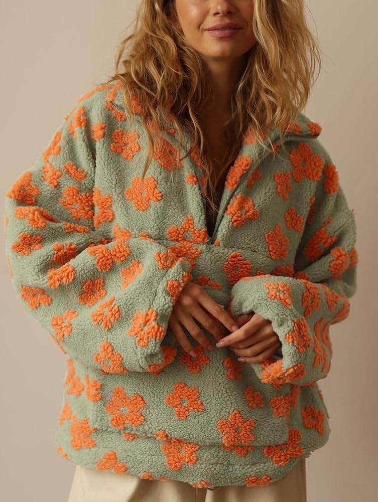 chouyatou Women's Fall Cute Floral Faux Fur Pullover Fleece Sweatshirt Y2k Casual Zip Up Winter Sherpa Jacket - Image 2