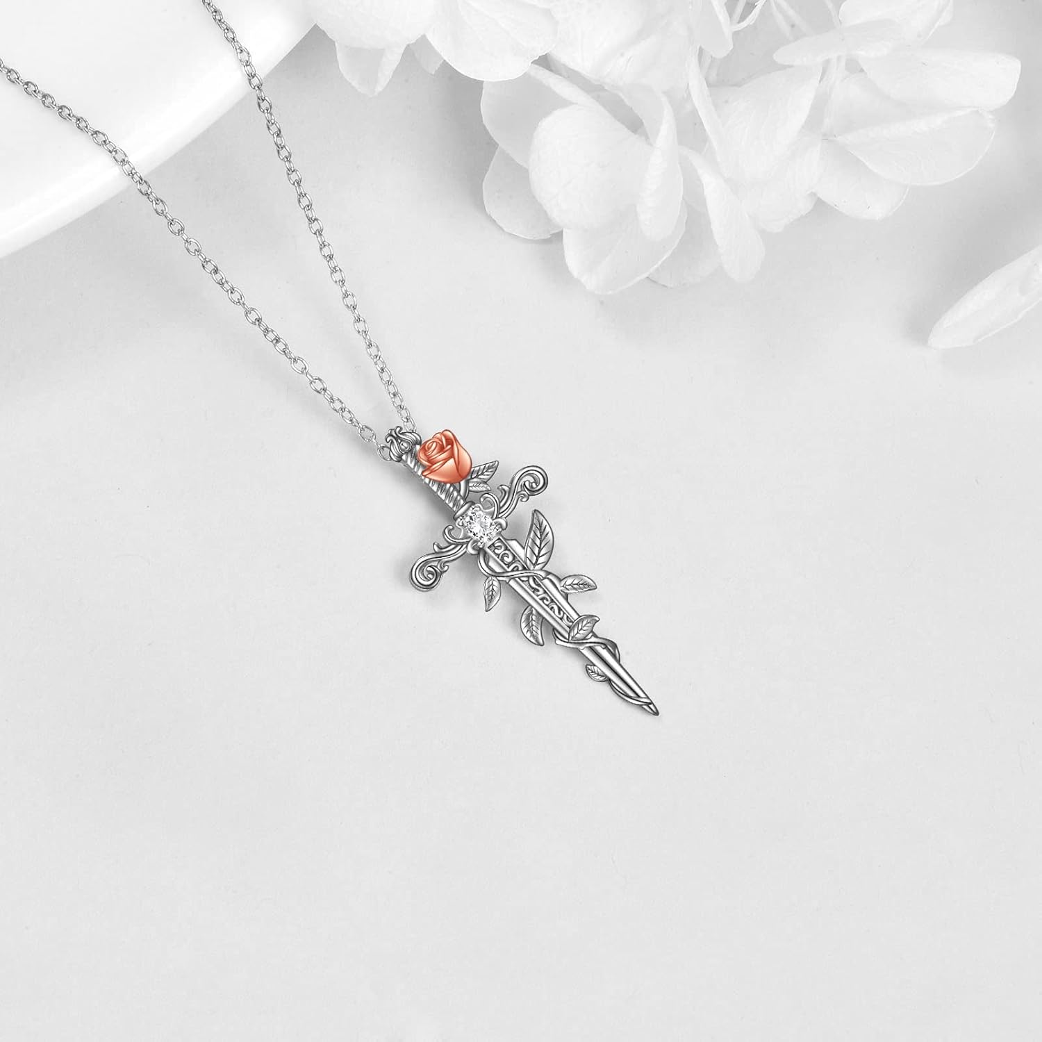 YAFEINI Sword Necklace Sterling Silver Medieval Sword With Rose Flower Pendant Jewelry Valentines Day Gifts for Women - Image 4