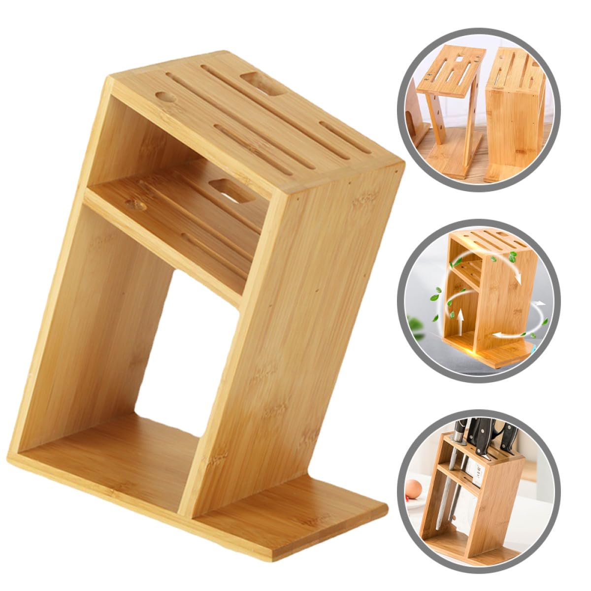 Beige Support de Rangement pour Couteaux à Fentes Multiples en Bambou