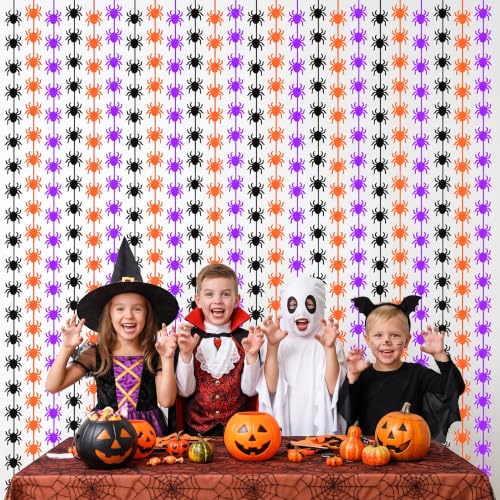 Image of TONIFUL 2Pcs Black Orange Purple Spider Cutout Metallic Foil Fringe Curtain | 3.3ftx6.6ft Photo Booth Backdrop Door Tinsel Streamers Curtains, Props for Halloween Birthday Haunted House Party Decorations